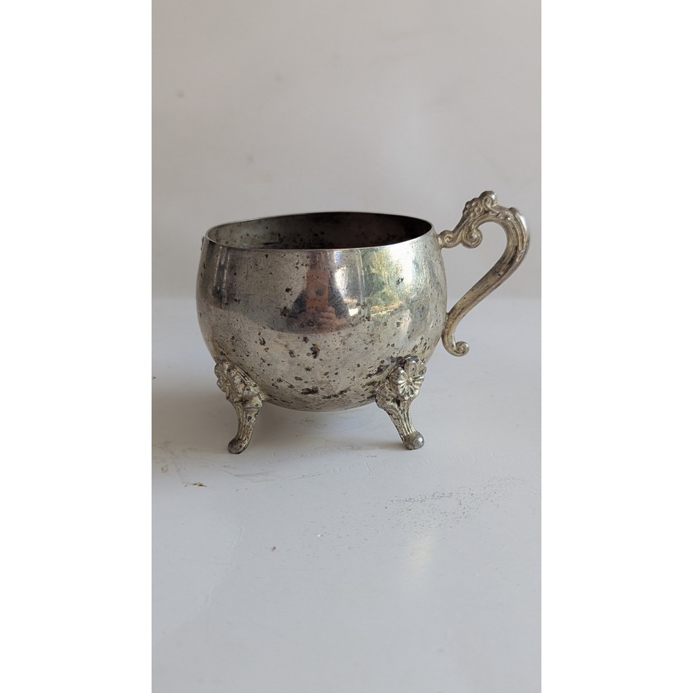Vintage Ornate Footed Silver Tone Metal Cup with Scroll Handle and Patina